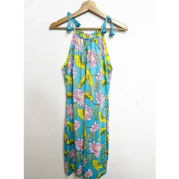 Gretchen Scott Halter Tassel Tie Dress Sz M Mystic Garden NWT Turquoise Floral - Picture 1 of 14